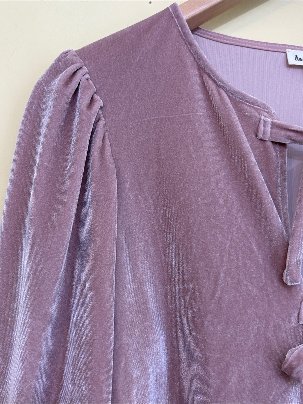 Aaron & Amber | Dusty Rose Velvet Tie-Front Peplum Balloon Sleeve Blouse Top S - Picture 9 of 11